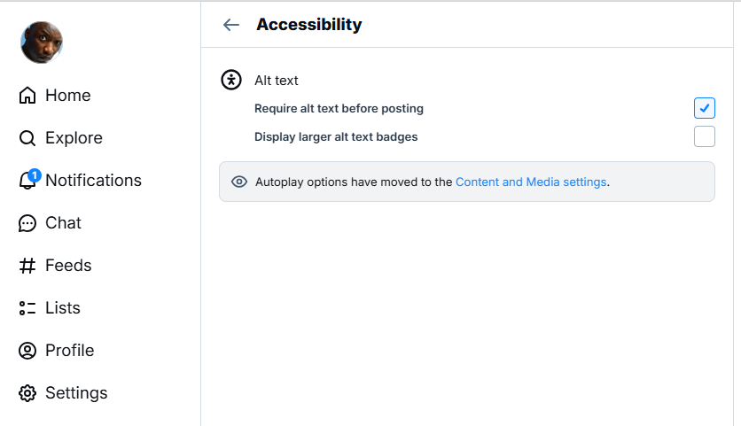 The Accessibility setting in BlueSky that forces alt text to be added before an image is posted. The relevant line reads "Require alt text before posting," and the checkbox beside it is activated.